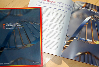 Cover and interior spread of an annual report for the National DNA Data Bank of Canada featuring a large photo of a strand of DNA
