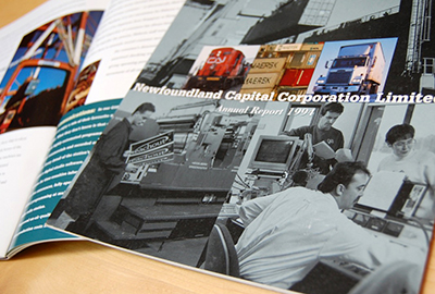 A teal cover and interior spread of an annual report for the Newfoundland Capital Corporation Limited featuring several photos of employees and modes of transportation