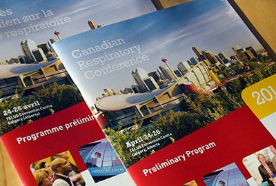 Canadian Respiratory Conference red and yellow brochure featuring photos of Calgary