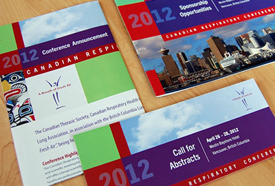 2012 Canadian Respiratory Conference red and purple communication pieces featuring photos of Vancouver